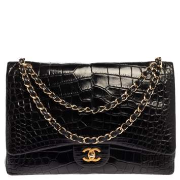 Pre Owned Chanel Black Crocodile Leather Classic Maxi Single Flap Bag