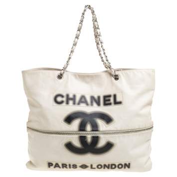 Pre Owned Chanel Cream Leather 2009 London Paris Chain Tote 