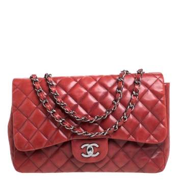 Pre Owned Chanel Red Quilted Leather Jumbo Classic Single Flap Shoulder Bag