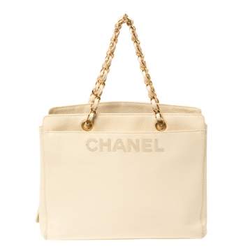 Pre Owned Chanel Light Cream Caviar Leather Vintage Chain Tote