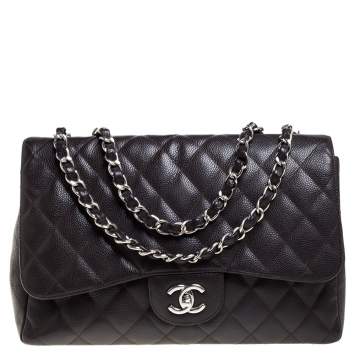 Pre Owned Chanel Brown Quilted Caviar Leather Jumbo Classic Single Flap Bag