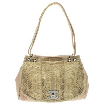 Pre Owned Chanel Cream Python and Canvas CC Flap Hobo