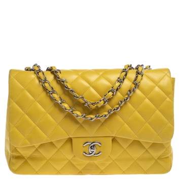 Pre Owned Chanel Yellow Quilted Leather Jumbo Classic Single Flap Bag