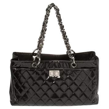 Pre Owned Chanel Dark Grey Quilted Patent Caviar Leather Reissue Tote