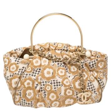 Pre Owned Chanel Tan/Beige Printed Canvas Metal Handle Hobo
