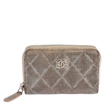 Pre Owned Chanel Metallic Beige Quilted Leather Zip Around Coin Purse