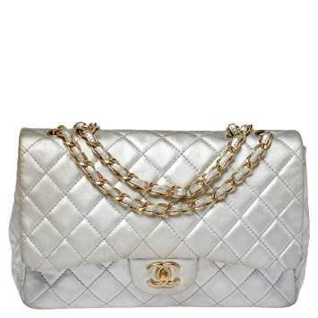Pre Owned Chanel Silver Quilted Leather Jumbo Classic Single Flap Bag