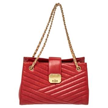 Pre Owned Chanel Red/Tan Chevron Leather Gabrielle Chain Shopper Tote