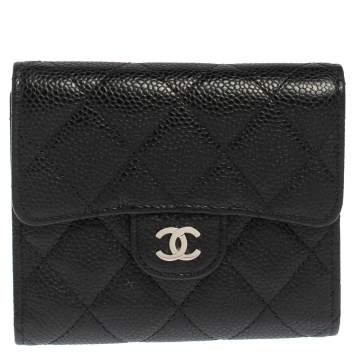 Pre Owned Chanel Black Caviar Quilted Leather Trifold Flap Wallet