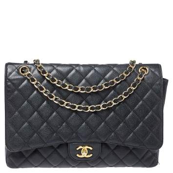 Pre Owned Chanel Black Quilted Caviar Leather Maxi Classic Single Flap Bag