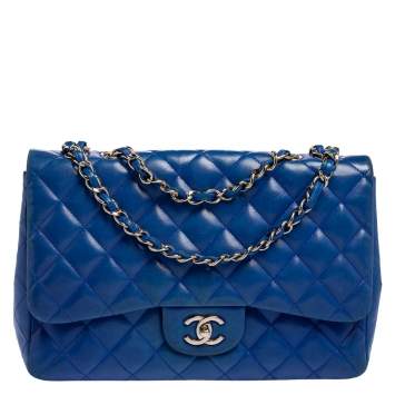 Pre Owned Chanel Blue Quilted Lambskin Leather Jumbo Classic Single Flap Bag