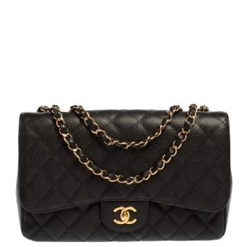 Pre Owned Chanel Black Quilted Caviar Leather Jumbo Classic Single Flap Bag