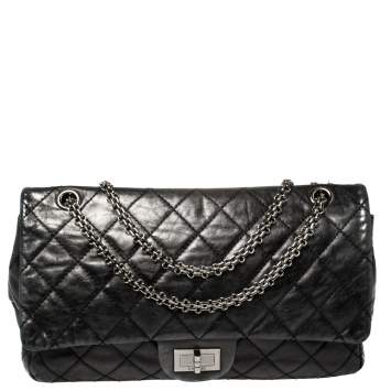 Pre Owned Chanel Metallic Black Quilted Leather Reissue 2.55 Classic 227 Classic Flap Bag