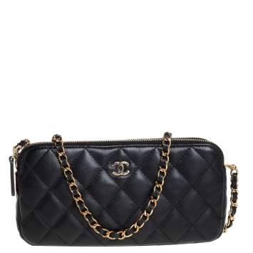 Pre Owned Chanel Black Quilted Leather WOC Double Zip Wallet on Chain