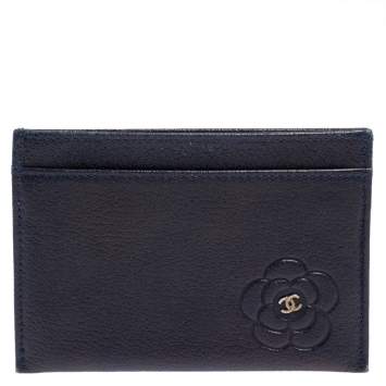 Pre Owned Chanel Navy Blue Leather CC Camellia Embossed Card Holder