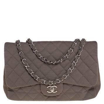 Pre Owned Chanel Dark Beige Quilted Jersey Jumbo Classic Single Flap Bag
