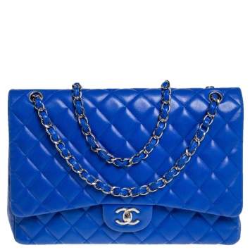 Pre Owned Chanel Blue Quilted Lambskin Leather Maxi Classic Single Flap Bag