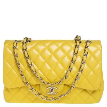 Pre Owned Chanel Yellow Quilted Lambskin Leather Jumbo Classic Single Flap Bag