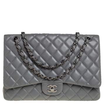Pre Owned Chanel Grey Quilted Lambskin Leather Maxi Classic Single Flap Bag