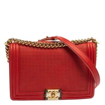 Pre Owned Chanel Red Cube Embossed Leather New Medium Boy Flap Bag