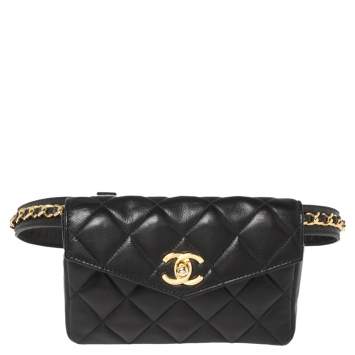 Pre Owned Chanel Black Quilted Leather Vintage Classic Chain Belt Bag