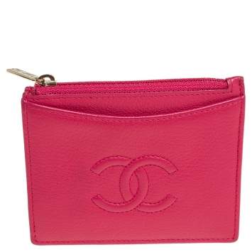 Pre Owned Chanel Pink Leather Timeless Zip Card Holder
