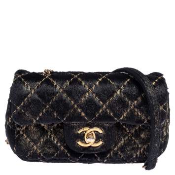 Pre Owned Chanel Black/Gold Quilted Calf Hair Extra Mini Classic Single Flap Bag