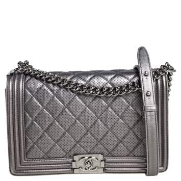 Pre Owned Chanel Silver Quilted Perforated Leather New Medium Boy Flap Bag