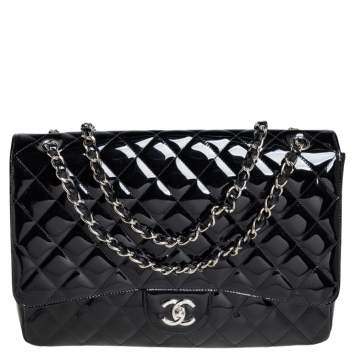 Pre Owned Chanel Black Quilted Patent Leather Maxi Classic Single Flap Bag