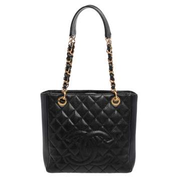 Pre Owned Chanel Black Quilted Caviar Leather Petite Shopper Tote