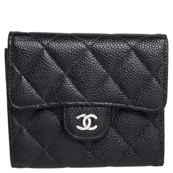 Pre Owned Chanel Black Quilted Caviar Leather Classic Trifold Flap Wallet