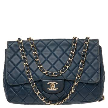 Pre Owned Chanel Blue Quilted Leather Jumbo Classic Single Flap Bag