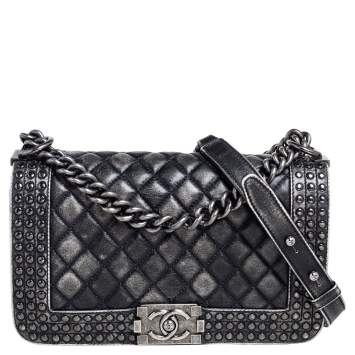 Pre Owned Chanel Black/Grey Quilted Leather Medium Boy Studded Flap Bag