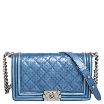 Pre Owned Chanel Blue Perforated Quilted Leather Medium Boy Flap Bag