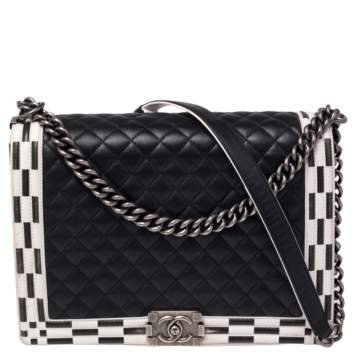 Pre Owned Chanel Black/White Quilted Leather Large Checkerboard Trim Boy Flap Bag