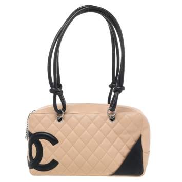 Pre Owned Chanel Beige/Black Quilted Leather Cambon Ligne Bowler Bag