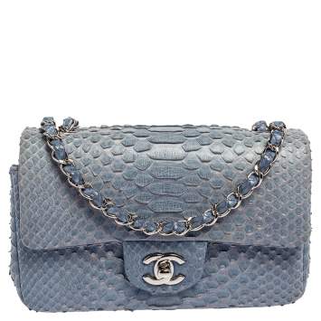 Pre Owned Chanel Blue Python New Mini Classic Single Flap Bag