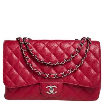 Pre Owned Chanel Red Quilted Caviar Leather Jumbo Classic Single Flap Bag