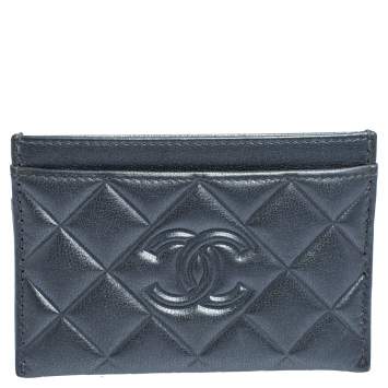 Pre Owned Chanel Metallic Grey Quilted Leather CC Card holder 