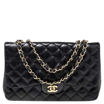 Pre Owned Chanel Black Quilted Lambskin Leather Jumbo Classic Single Flap Bag