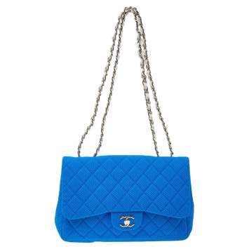 Pre Owned Chanel Blue Perforated Quilted Fabric Medium Classic Single Flap Bag