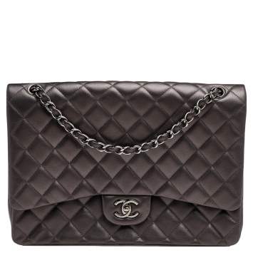 Pre Owned Chanel Metallic Grey Quilted Leather Maxi Classic Single Flap Bag