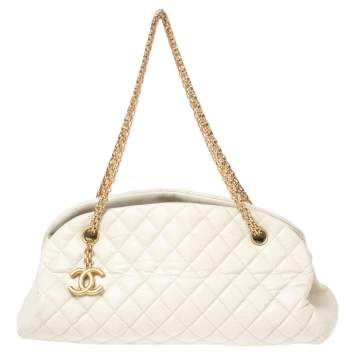Pre Owned Chanel White Quilted Leather Just Mademoiselle Bowling Bag