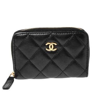 Pre Owned Chanel Black Quilted Leather Zipped Coin Pouch