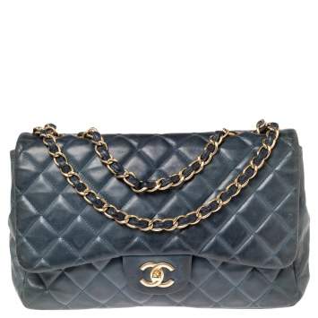 Pre Owned Chanel Blue Quilted Lambskin Leather Jumbo Classic Single Flap Bag