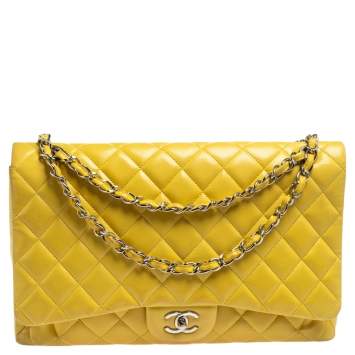Pre Owned Chanel Yellow Quilted Lambskin Leather Maxi Classic Single Flap Bag