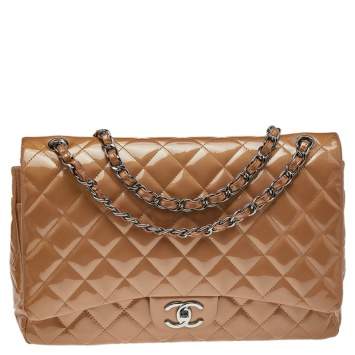 Pre Owned Chanel Beige Quilted Patent Leather Maxi Classic Double Flap Bag