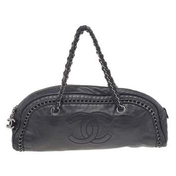 Pre Owned Chanel Black Leather Chain Trim Luxe Ligne Bowler Boston Bag