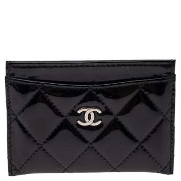 Pre Owned Chanel Black Quilted Patent Leather Classic Card Holder