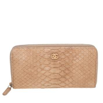 Pre Owned Chanel Beige Python Zip Around Wallet